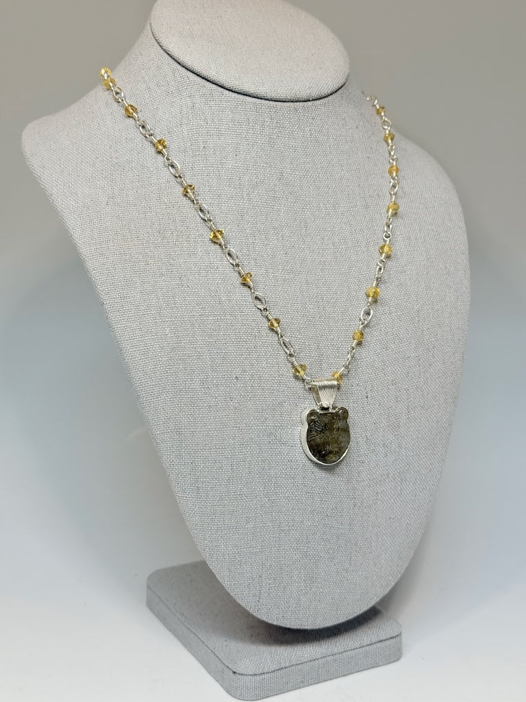 CARVED LABRADORITE BEAR AND CITRINE STERLING SILVER NECKLACE NM744N