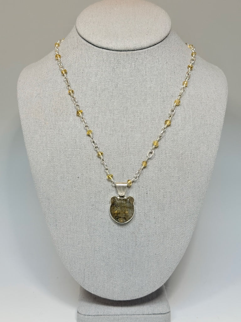 CARVED LABRADORITE BEAR AND CITRINE STERLING SILVER NECKLACE NM744N