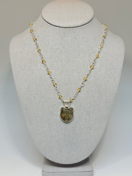 CARVED LABRADORITE BEAR AND CITRINE STERLING SILVER NECKLACE NM744N