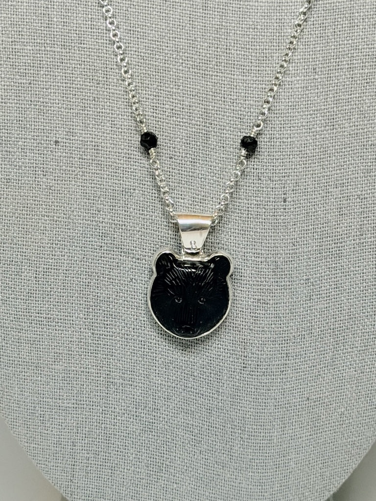 CARVED BLACK ONYX BEAR AND BLACK SPINEL STERLING SILVER NECKLACE NM745N