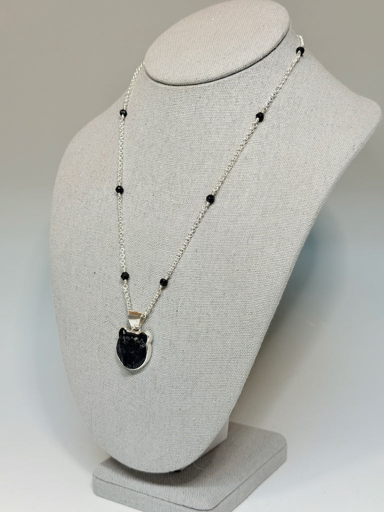 CARVED BLACK ONYX BEAR AND BLACK SPINEL STERLING SILVER NECKLACE NM745N