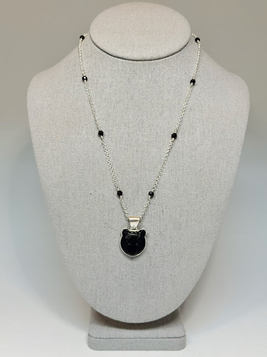 CARVED BLACK ONYX BEAR AND BLACK SPINEL STERLING SILVER NECKLACE NM745N