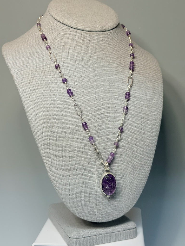 CARVED AMETHYST PENDANT WITH HANDMADE STERLING SILVER CHAIN NM762N