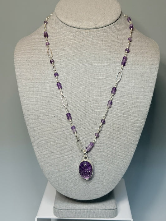 CARVED AMETHYST PENDANT WITH HANDMADE STERLING SILVER CHAIN NM762N