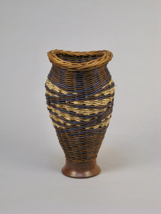 NAVY SPIRAL HILLS MIXED MEDIA BASKET WITH WALNUT BASE