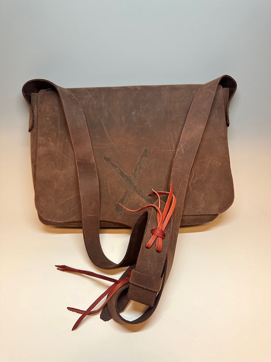 Medium Handmade Brown Crossbody Leather Satchel with Red Fringe Stitching PB105