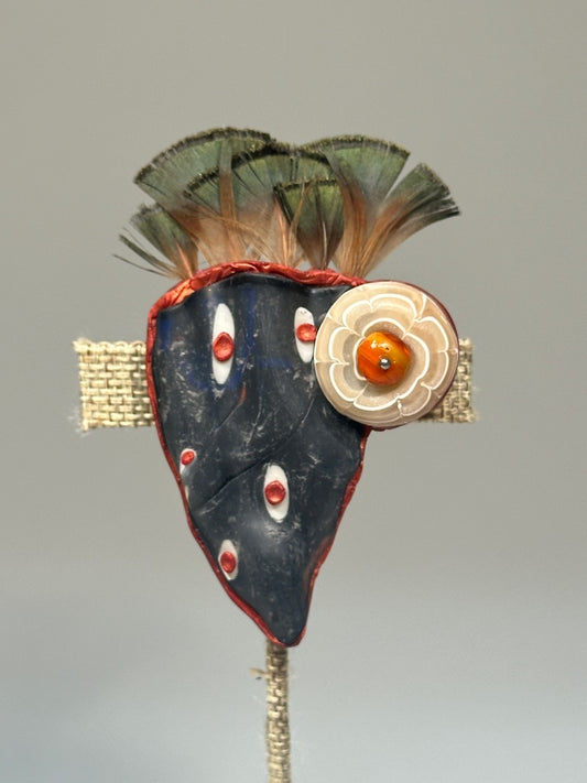 ORGANIC SHAPED POLYMER CLAY MAGNETIC BROACH WITH CHEQUE GLASS BEAD AND FEATHER ACCENTS PCB832