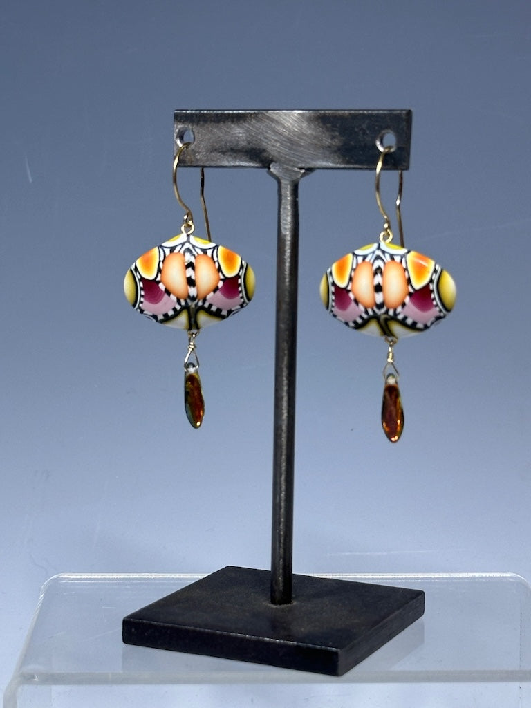 POLYMER CLAY STATEMENT EARRINGS WITH CHEQUE GLASS BEAD ON BRONZE EAR WIRE DKPCE737