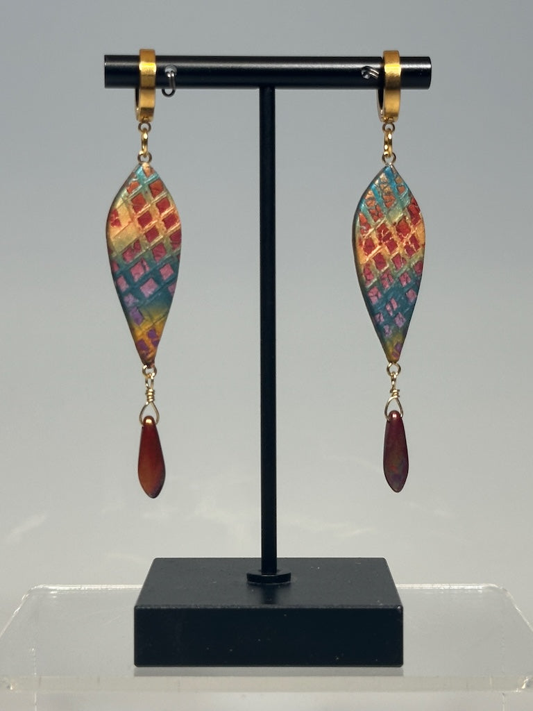 GOLD STAINLESS STEEL SMALL HUGGIE EARRINGS WITH POLYMER CLAY DANGLE AND CHEQUE GLASS BEAD DROP PCE817