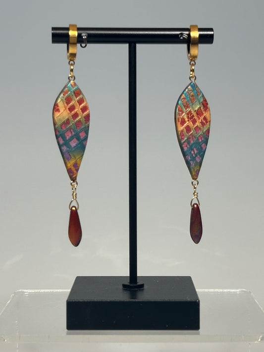 GOLD STAINLESS STEEL SMALL HUGGIE EARRINGS WITH POLYMER CLAY DANGLE AND CHEQUE GLASS BEAD DROP PCE817