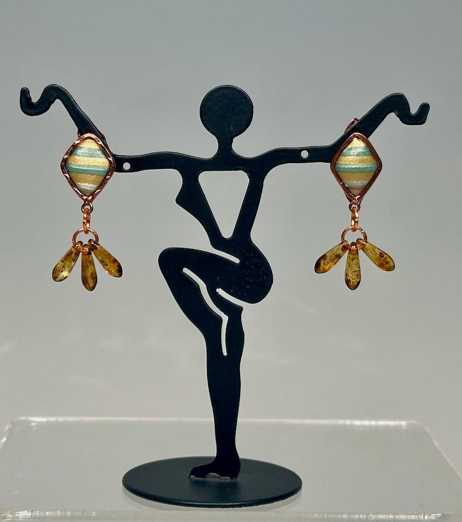 COPPER STUD EARRINGS WITH CHEQUE GLASS BEAD DANGLE PCE818