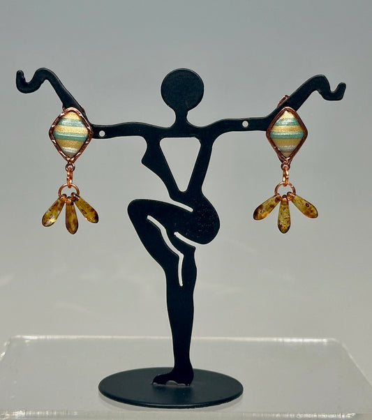 COPPER STUD EARRINGS WITH CHEQUE GLASS BEAD DANGLE PCE818