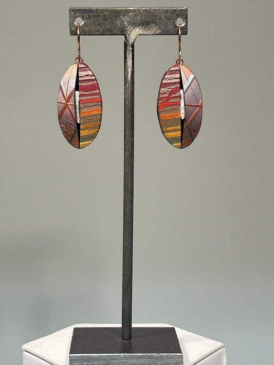 MULTI COLOR AND PATTERN POLYMER CLAY DIMENTIONAL EARRINGS WITH STICK PEARL ACCENT ON COPPER EAR WIRES PCE847