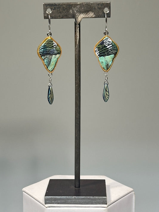 MULTI PATTERN POLYMER CLAY EARRINGS WITH CHEQUE BEAD DANGLES ON STAINLESS STEEL EAR WIRES PCE853