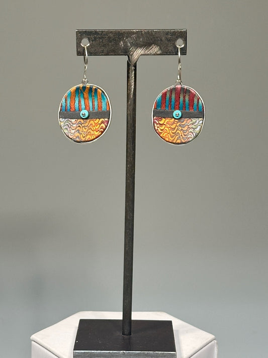 POLYMER CLAY DANGLE EARRINGS WITH METAL AND TURQUOISE BEAD CENTER ON STERLING SILVER EAR WIRES PCE854