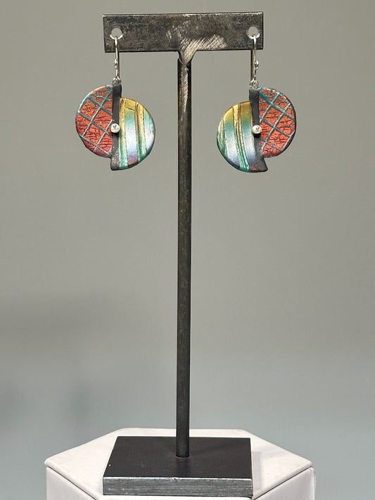 MULTI PATTERN SPLIT POLYMER CLAY EARRINGS WITH FRESH WATER PEARL CENTERS ON STERLING SILVER EAR WIRES PCE855