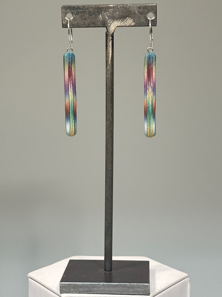 MULTI COLOR LONG NARROW POLYMER CLAY EARRINGS ON STERLING SILVER EAR WIRES PCE856