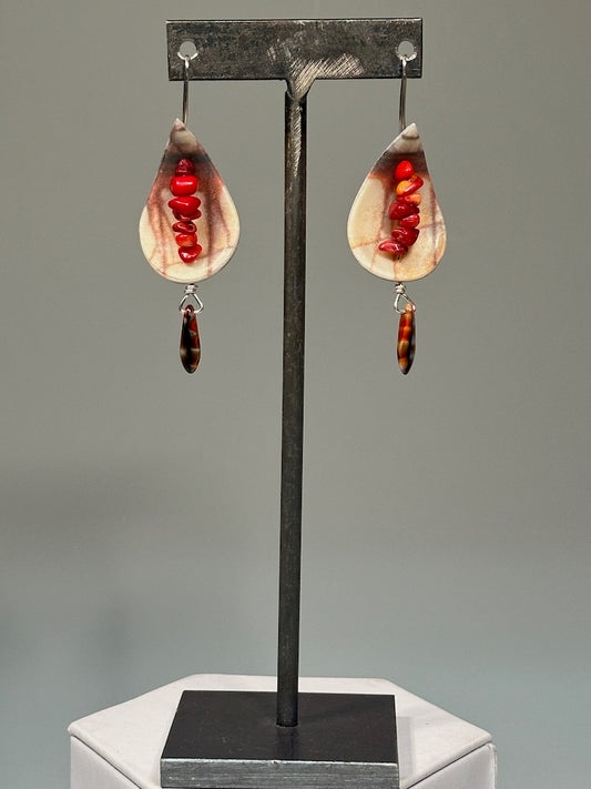LEAF SHAPED POLYMER CLAY EARRINGS WITH CHEQUE BEAD DANGLE AND CORAL BEADS ON STAINLESS STEEL EAR WIRES PCE858