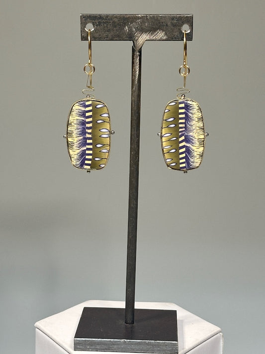 MULTI PATTERNED POLYMER CLAY EARRINGS FRAMED IN BRASS BEZEL WITH HAND FORMED STEM ON BRONZE EAR WIRES PCE860