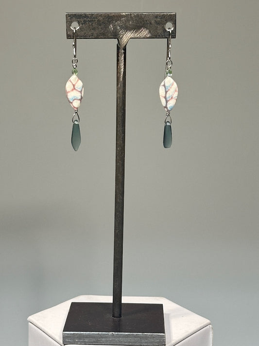 POLYMER CLAY DANGLE EARRINGS WITH CHEQUE BEAD DANGLE AND CRYSTAL BEAD ACCENT ON STAINLESS STEEL EAR WIRES PCE863