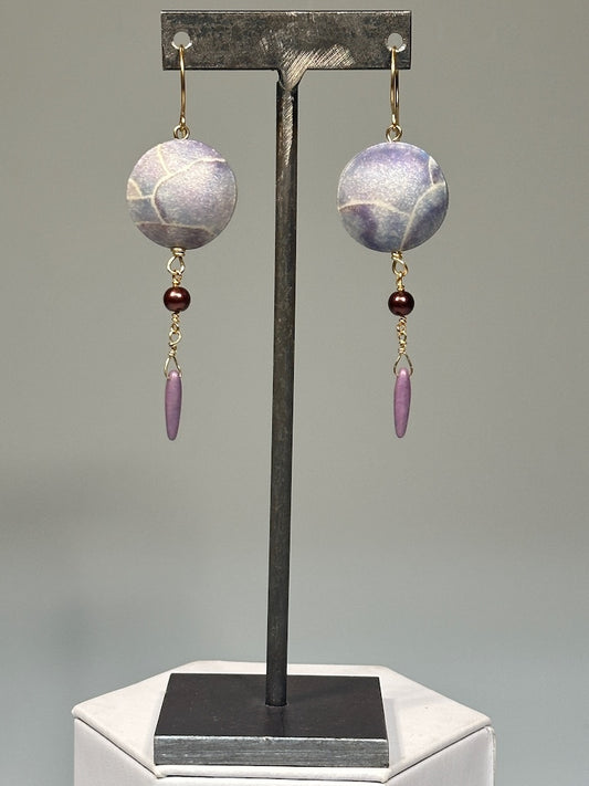 HOLLOW LENTIL BEAD POLYMER CLAY EARRINGS WITH BEAD DANGLES ON BRONZE EAR WIRES PCE864