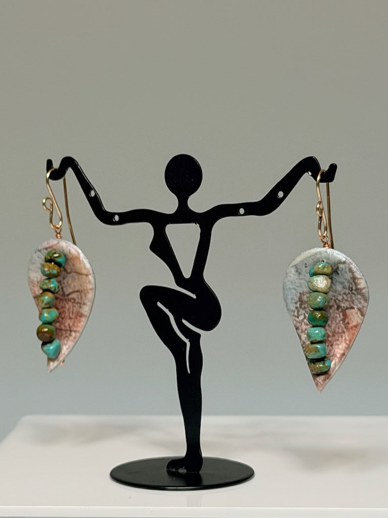 PETAL SHAPED POLYMER CLAY EARRINGS WITH TURQUOISE BEADS ON BRONZE EAR WIRES PCE907