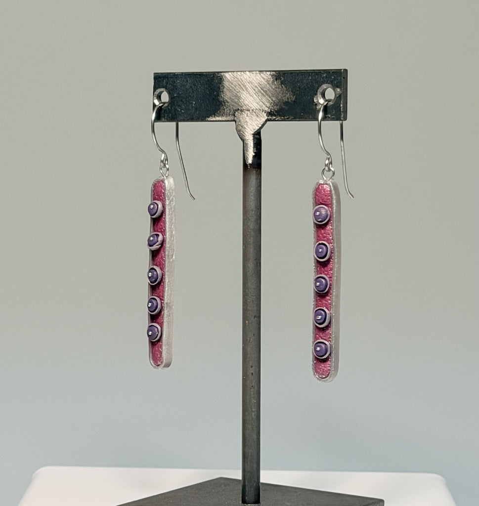 FUN LONG DOTTED POLYMER CLAY DANGLE EARRINGS ON STAINLESS STEEL EAR WIRES PCE924