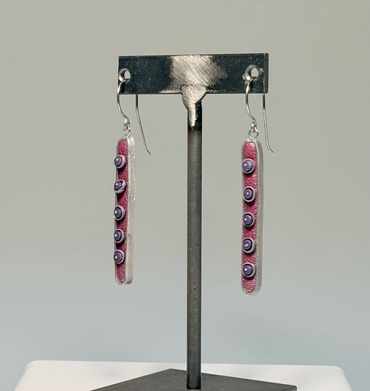 FUN LONG DOTTED POLYMER CLAY DANGLE EARRINGS ON STAINLESS STEEL EAR WIRES PCE924
