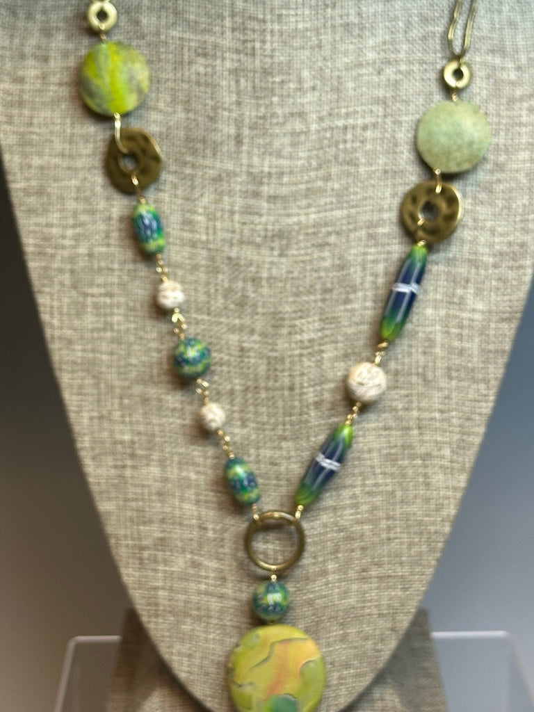 LONG HANDMADE MULTI POLYMER CLAY BEAD STATEMENT NECKLACE PCE766