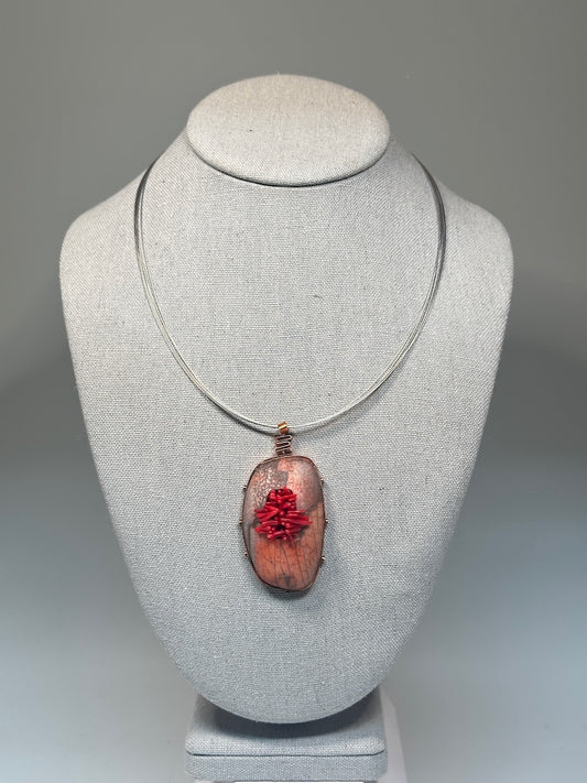 HOLLOW POLYMER CLAY MIXED MEDIA PENDANT ON MULTI STRAND STAINLESS NECK WIRE PCN839