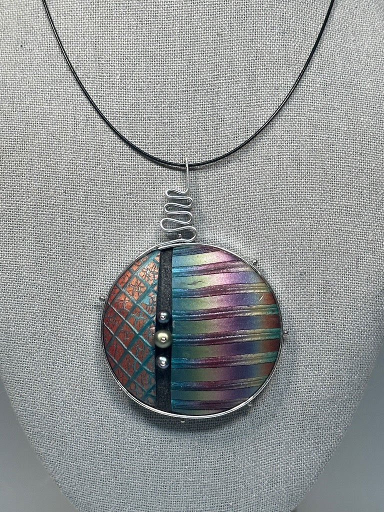 LARGE POLYMER CLAY MIXED MEDIA PENDANT ON BLACK CABLE NECK WIRE PCN841