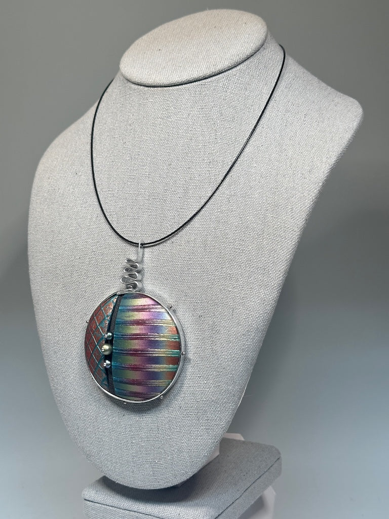 LARGE POLYMER CLAY MIXED MEDIA PENDANT ON BLACK CABLE NECK WIRE PCN841