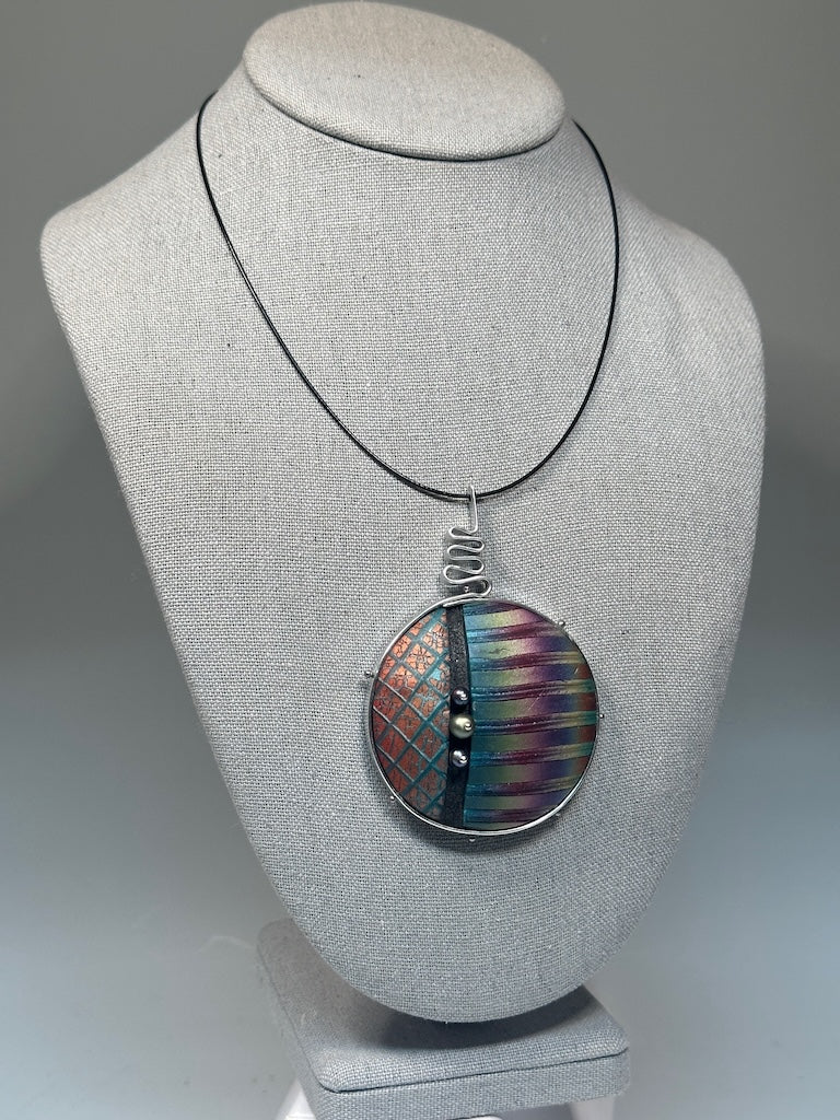 LARGE POLYMER CLAY MIXED MEDIA PENDANT ON BLACK CABLE NECK WIRE PCN841