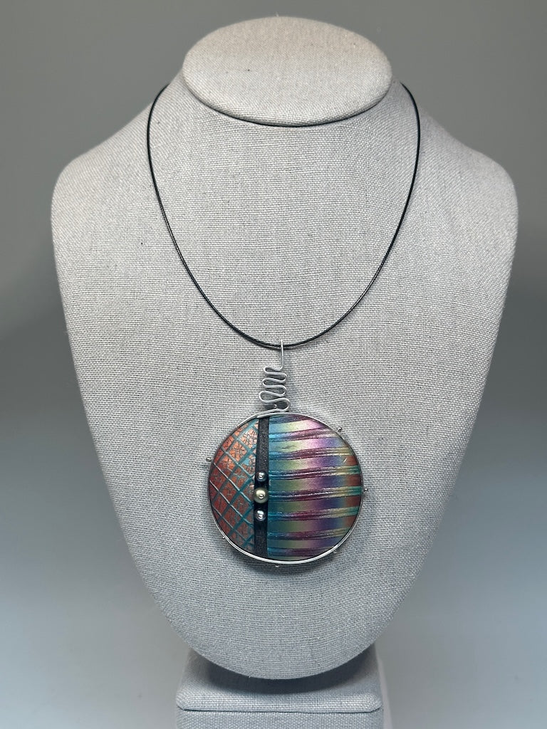 LARGE POLYMER CLAY MIXED MEDIA PENDANT ON BLACK CABLE NECK WIRE PCN841