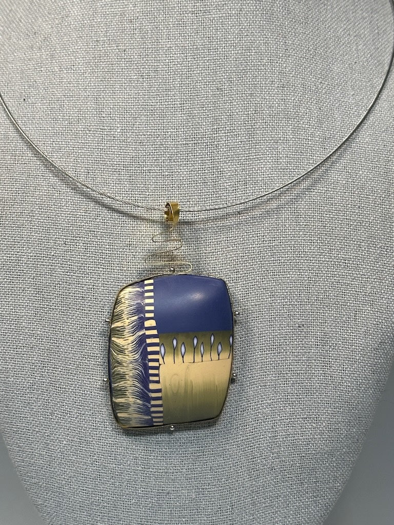 MINI LANDSCAPE POLYMER CLAY PENDANT ON STAINLESS CABLE NECK RING PCN842