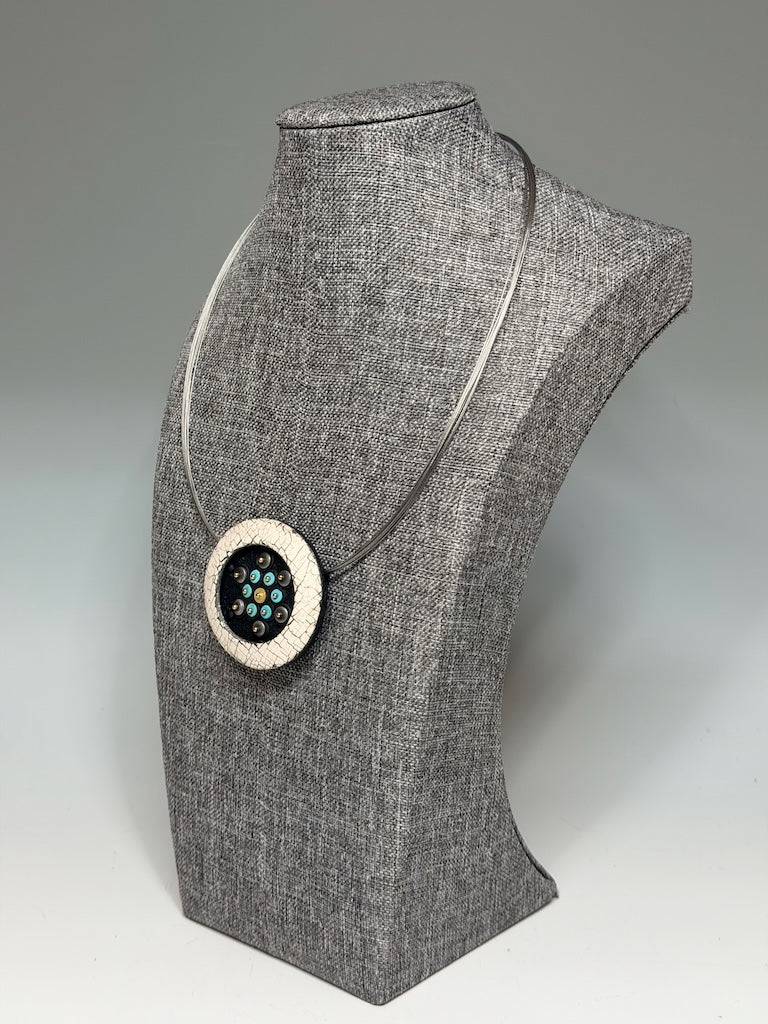 POLYMER CLAY PENDANT WITH TURQUOISE & BEAD CENTER ON MULTI STRAND STAINLESS STEEL NECK WIRE PCN879
