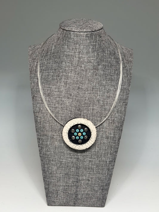 POLYMER CLAY PENDANT WITH TURQUOISE & BEAD CENTER ON MULTI STRAND STAINLESS STEEL NECK WIRE PCN879
