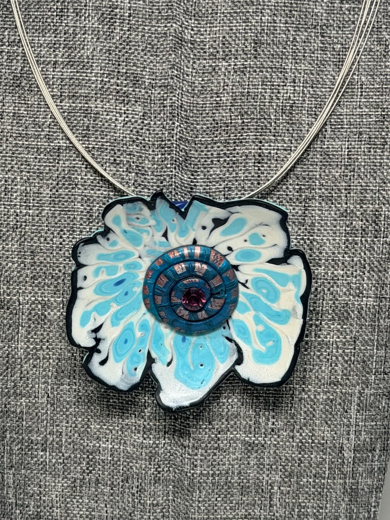 FLORAL POLYMER CLAY PENDANT WITH SWAROVSKI CRYSTAL CENTER ON MULTI STRAND STAINLESS STEEL NECK WIRE PCN880