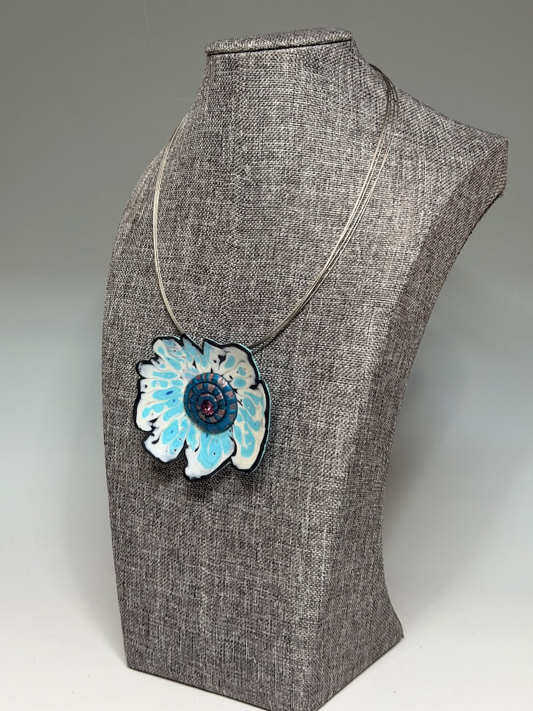 FLORAL POLYMER CLAY PENDANT WITH SWAROVSKI CRYSTAL CENTER ON MULTI STRAND STAINLESS STEEL NECK WIRE PCN880