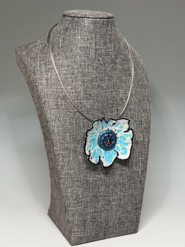 FLORAL POLYMER CLAY PENDANT WITH SWAROVSKI CRYSTAL CENTER ON MULTI STRAND STAINLESS STEEL NECK WIRE PCN880