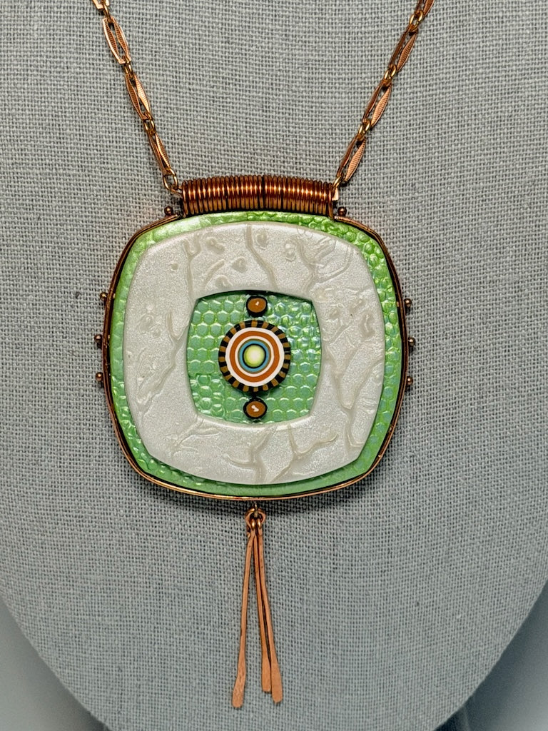 ROUNDED, LAYERED SOFT-COLORED SQUARE PENDANT WRAPPED IN COPPER WITH HAND HAMMERED COPPER PADDLE FRINGE PCN897