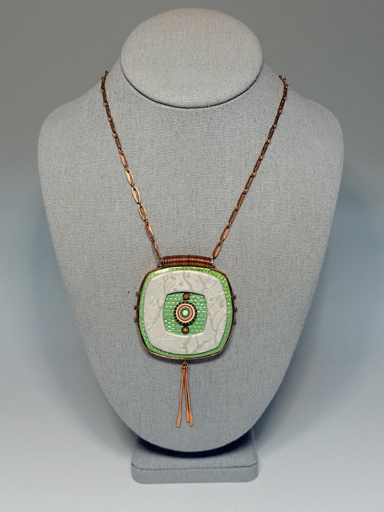 ROUNDED, LAYERED SOFT-COLORED SQUARE PENDANT WRAPPED IN COPPER WITH HAND HAMMERED COPPER PADDLE FRINGE PCN897