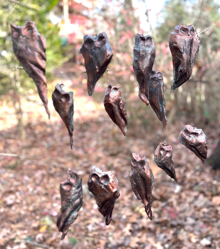 "SOURWOOD LITTLE OWL ORNAMENTS WITH COPPER AND GREEN PATINA" HAND CARVED WOOD