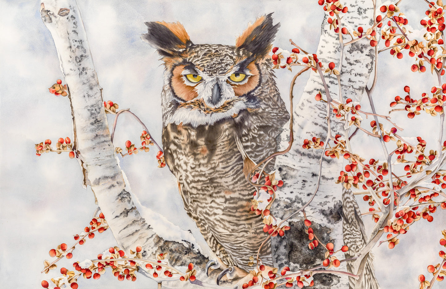 "GREAT HORNED OWL IN WINTER BITTERSWEET" ORIGINAL WATERCOLOR/FRAMED