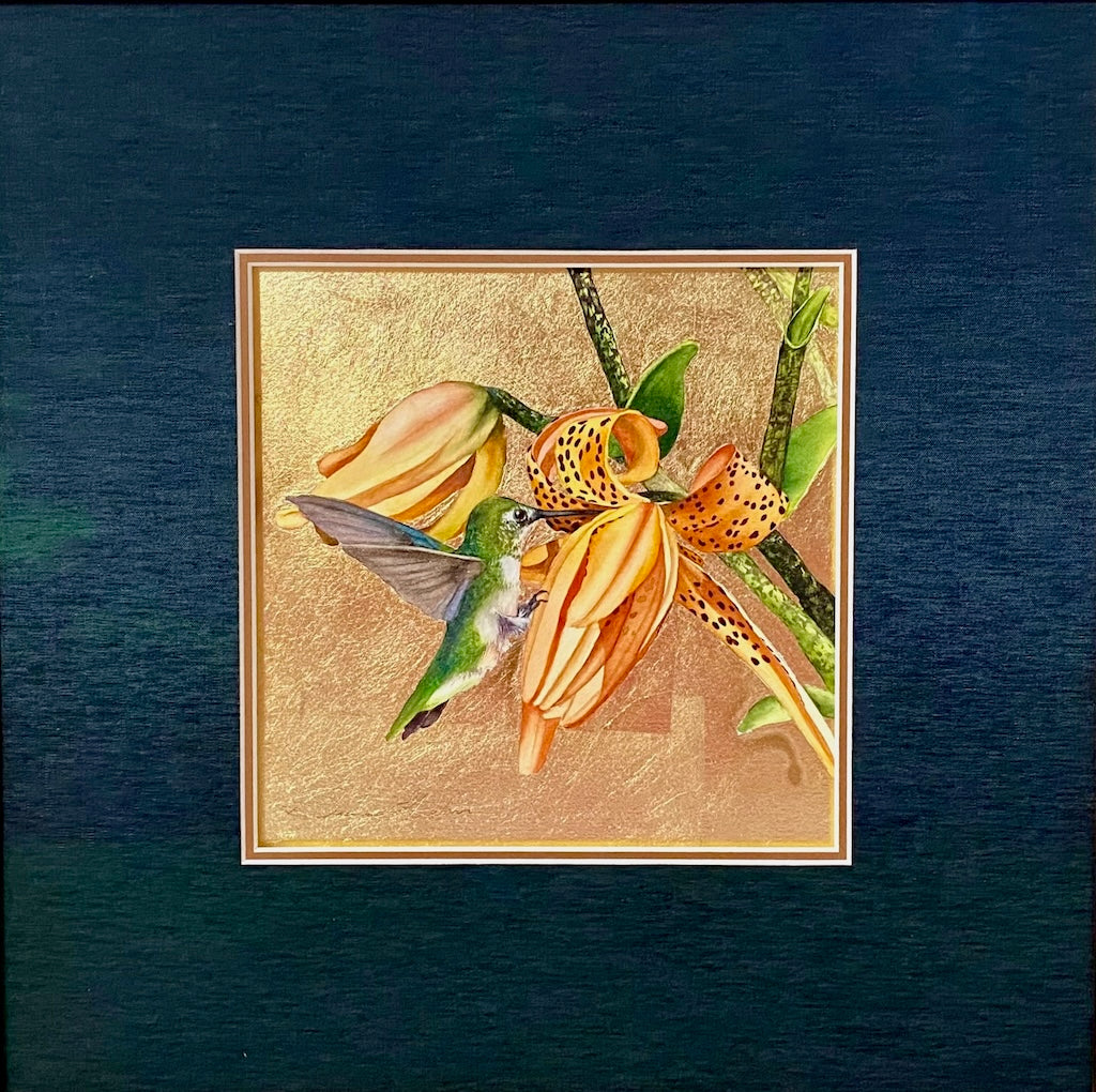 "LITTLE JEWEL OF THE FOREST 17" ORIGINAL WATERCOLOR WITH GOLD LEAF/FRAMED