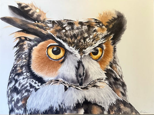 "GREAT HORNED OWL" ORIGINAL WATERCOLOR/FRAMED