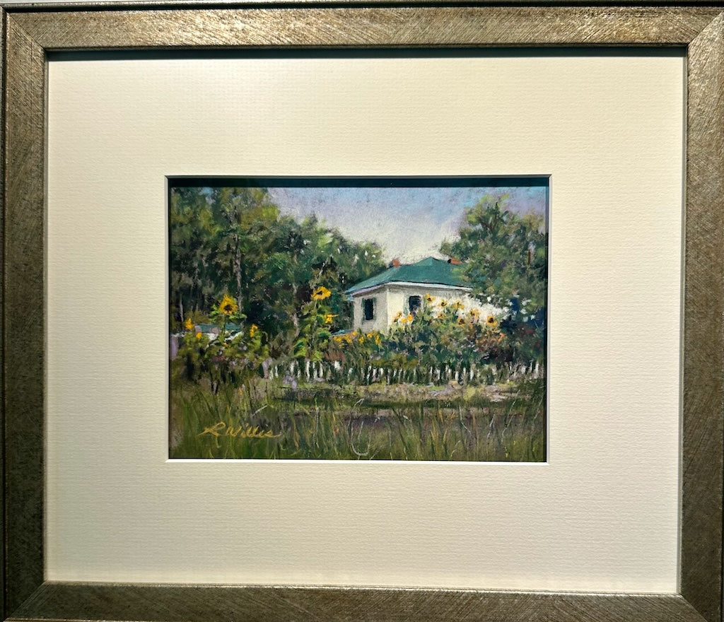 "HOUSE AND SUNFLOWERS" ORIGINAL PASTEL/FRAMED