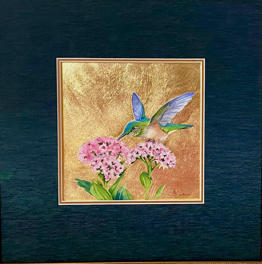 "LITTLE JEWEL OF THE FOREST 18" ORIGINAL WATERCOLOR WITH GOLD LEAF/FRAMED