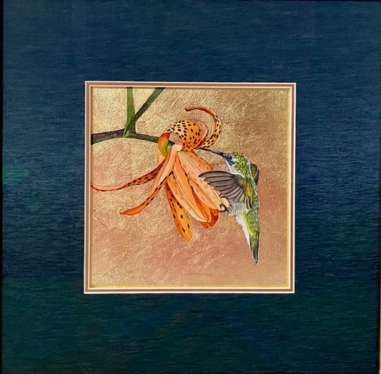 "LITTLE JEWEL OF THE FOREST 13" ORIGINAL WATERCOLOR WITH GOLD LEAF/FRAMED