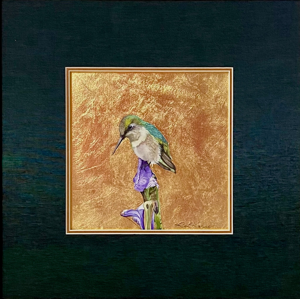 "LITTLE JEWEL OF THE FOREST 14" ORIGINAL WATERCOLOR WITH GOLD LEAF/FRAMED